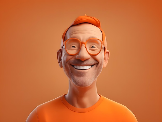 3D cartoon a happy man looking orange background