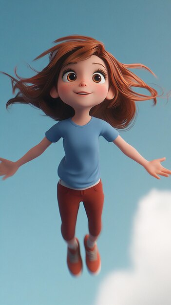 Photo 3d cartoon of a happy young girl flying in a tshirt