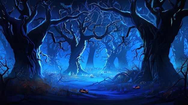 A 3D cartoon haunted forest with spooky trees Halloween