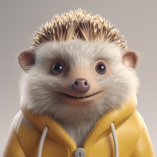 3D cartoon Hedgehog portrait wearing clothes glasses hat and jacket standing in front