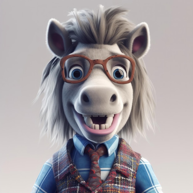 3D cartoon Horse portrait wearing clothes glasses hat and jacket standing in front