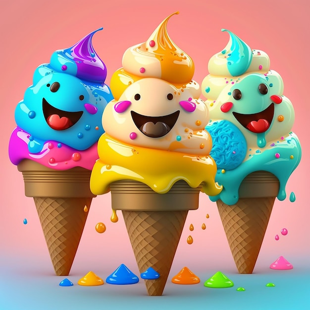 3D cartoon ice cream smiling and colorful