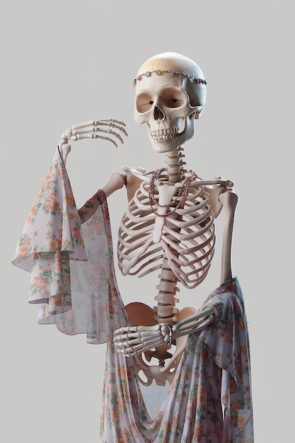 Photo 3d cartoon illustration of a fashionable female skeleton