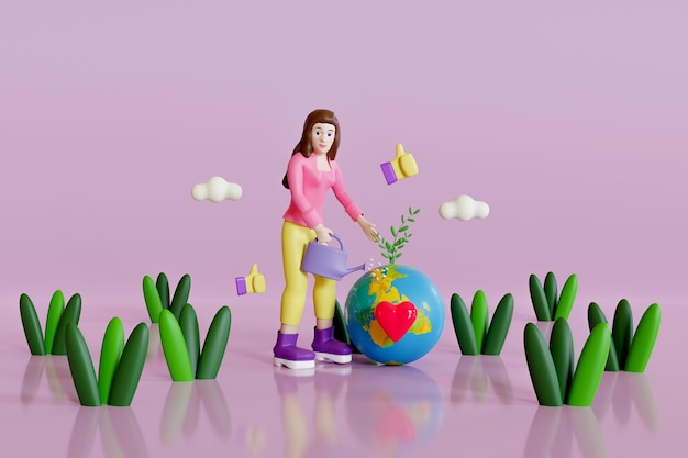 3d cartoon illustration of female character splashing water on the earth Global warming Illustration 3d rendering