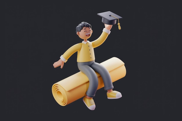 Photo a 3d cartoon illustration of a happy graduate sitting on a diploma scroll