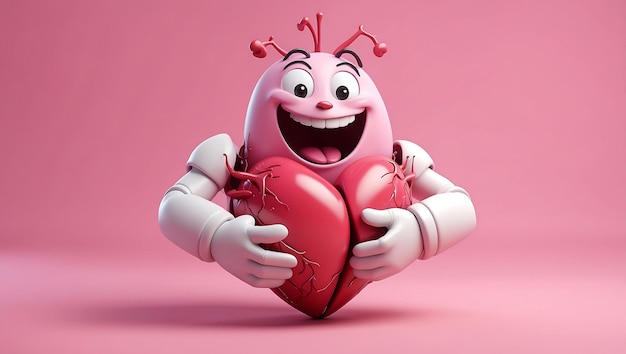 Photo a 3d cartoon illustration of a human heart against a pink background the heart features a smiling