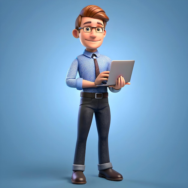 3d cartoon illustration of a man with his laptop