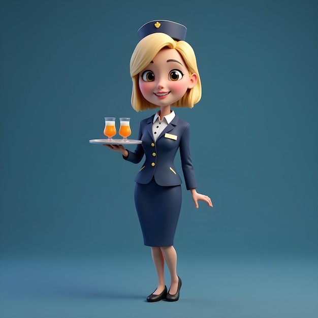 a 3d cartoon illustration of a stewardess