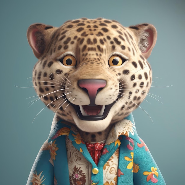 3D cartoon jaguar portrait wearing clothes standing in front studio lights generative ai