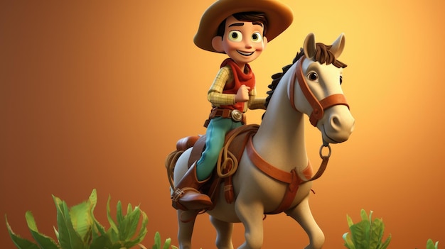 A 3D cartoon kid dressed as a cowboy riding a horse