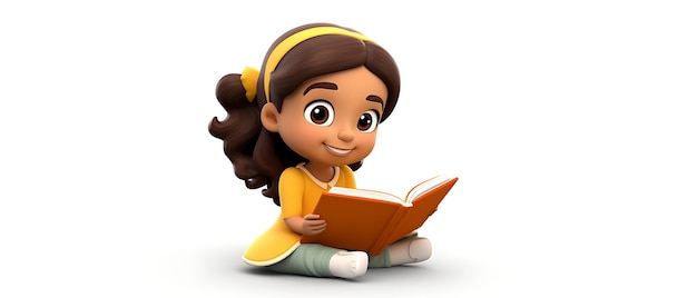 3d cartoon kid reading book on white background