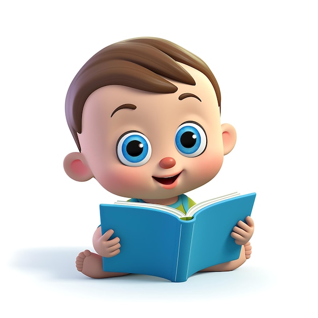 3d cartoon kid reading book on white background