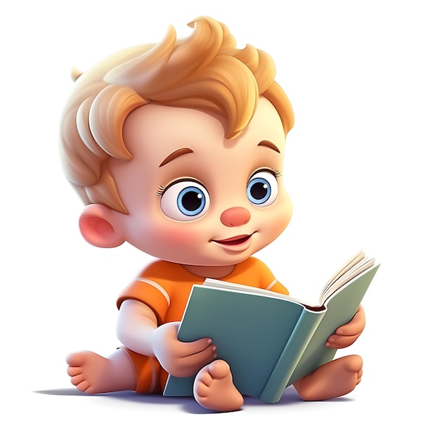 3d cartoon kid reading book on white background