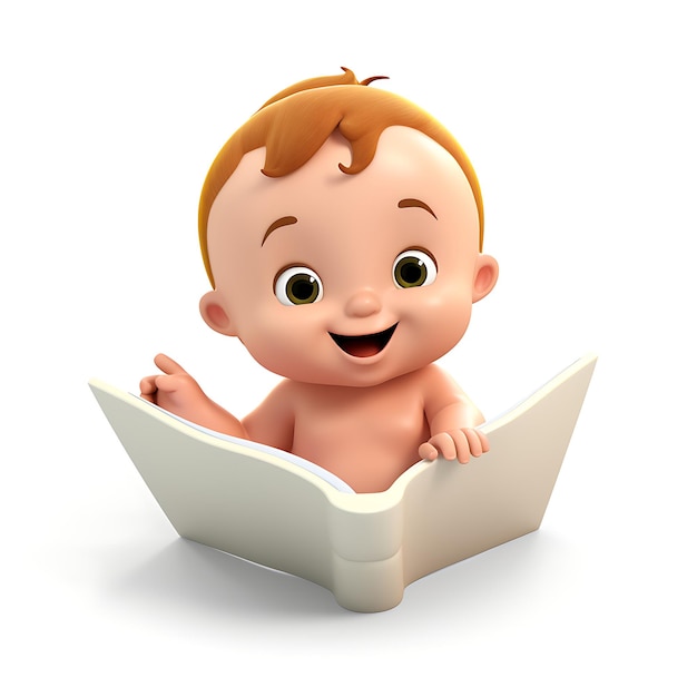 3d cartoon kid reading book on white background