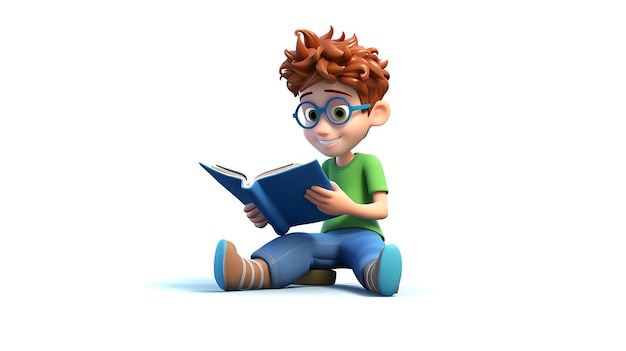 3d cartoon kid reading book on white background