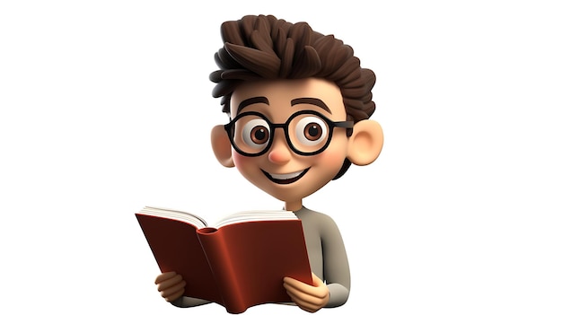 3d cartoon kid reading book on white background