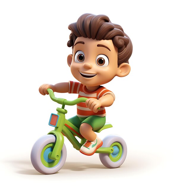 3d cartoon kid riding bicycle on white background