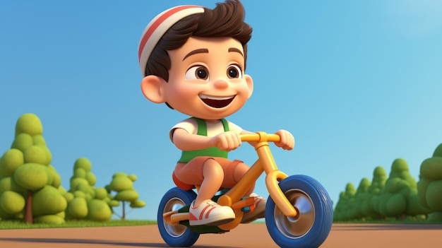 A 3D cartoon kid riding a tricycle with a joyful smile