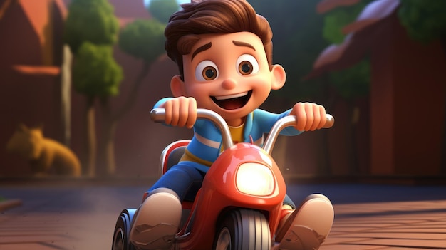 A 3D cartoon kid riding a tricycle with a joyful smile