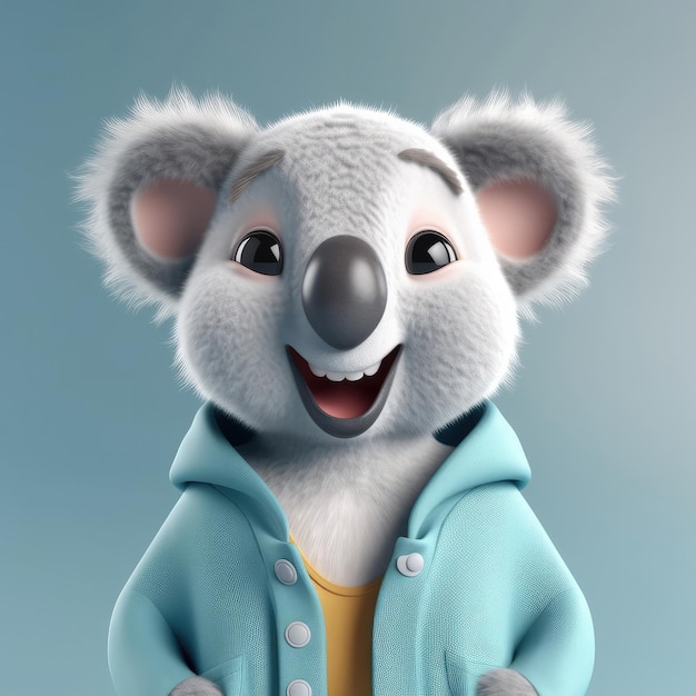 3D cartoon koala portrait wearing clothes standing in front studio lights generative ai