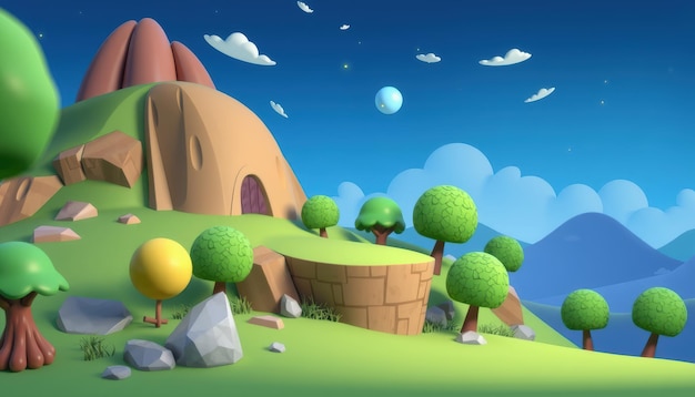 Photo 3d cartoon landscape with green hills trees and a blue sky