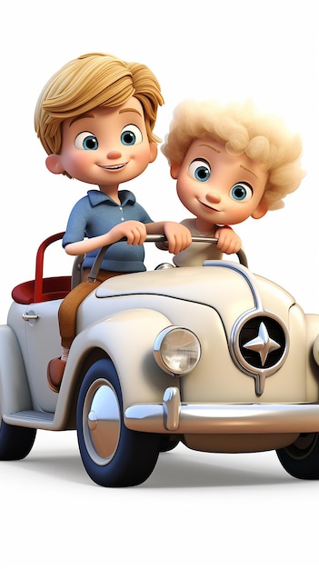 3D cartoon Little Boy and Girl with vintage car