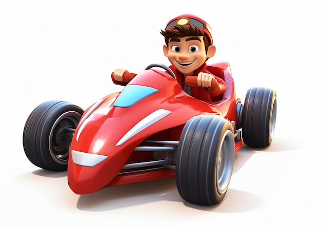 3D cartoon man driving a racing car isolated on white