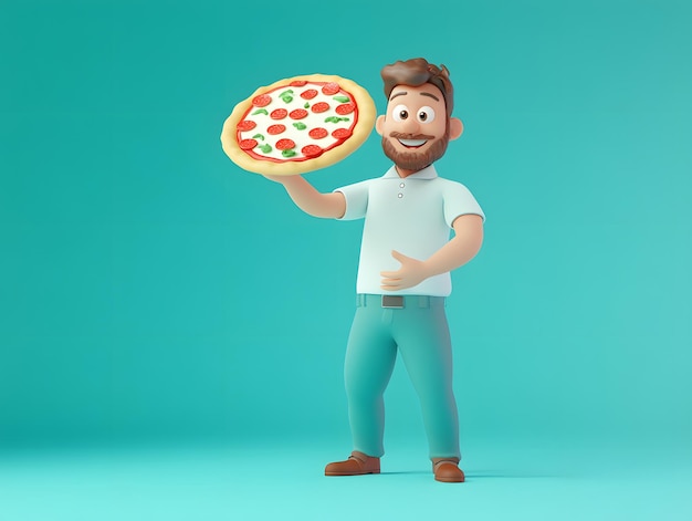 Photo 3d cartoon man holding a pizza