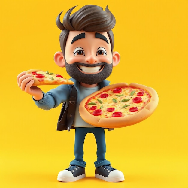 Photo 3d cartoon man holding pizza