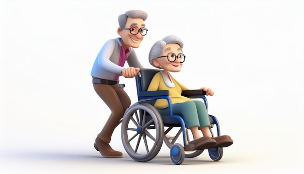 Photo 3d cartoon man pushing granny in wheelchair