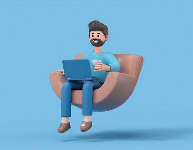 Photo 3d cartoon man sits in a floating armchair working on his laptop and enjoying a cup of coffee