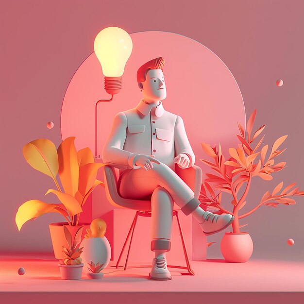 a 3d cartoon of a man sitting in a chair with a potted plant and a pot with a plant in it