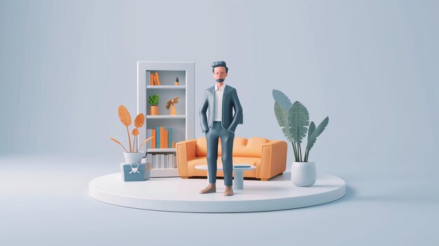 Photo 3d cartoon man in suit standing in a minimalist living room