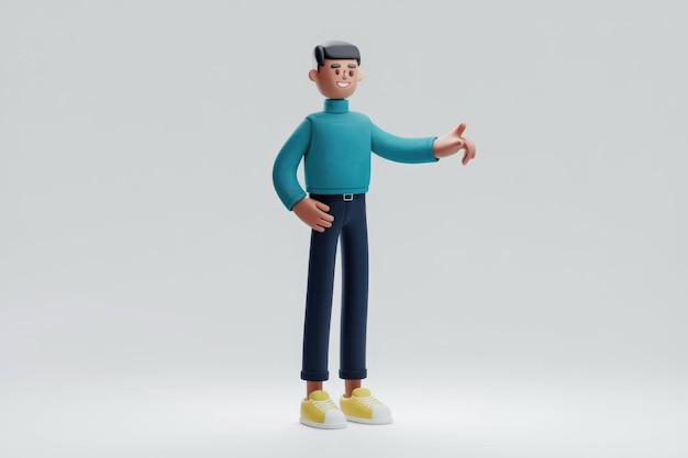 3D cartoon man in teal sweater invites viewer closer