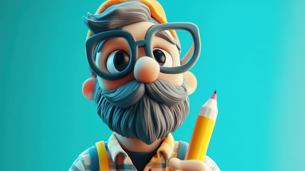 Photo a 3d cartoon man with a beard and glasses holding a pencil