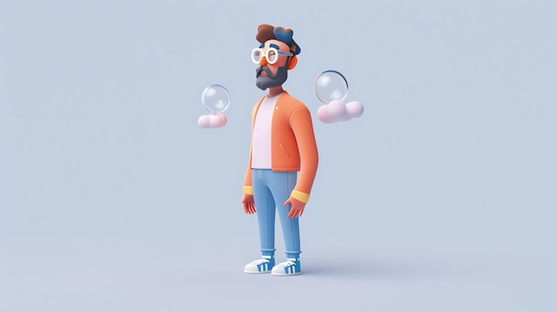 Photo 3d cartoon man with a beard wearing glasses looking up in thought with two bubbles and clouds above his head