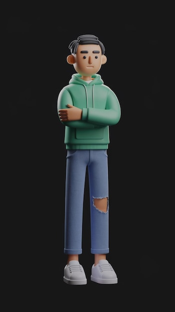 A 3D cartoon man with a serious expression wearing a green hoodie and blue jeans