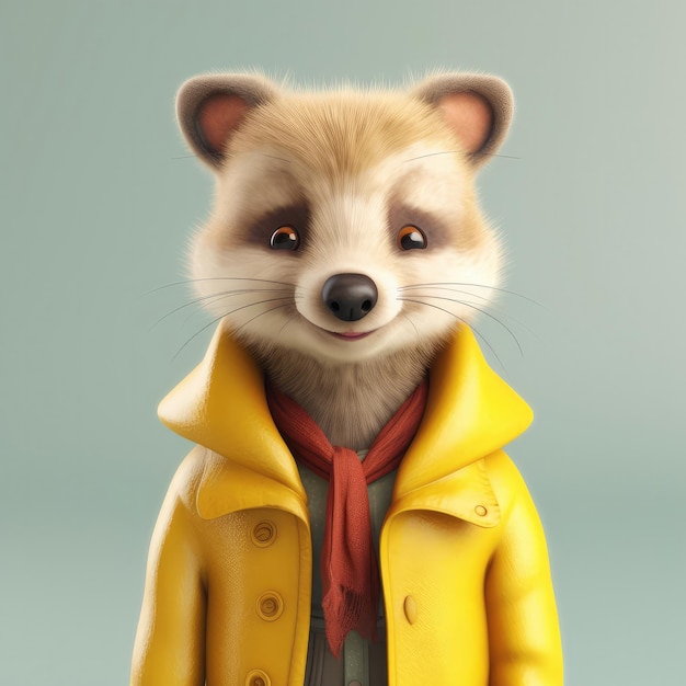 3D cartoon marten portrait wearing clothes standing in front studio lights generative ai