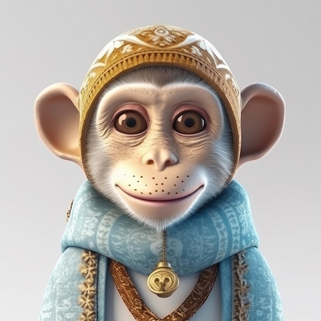 3D cartoon Monkey portrait wearing clothes glasses hat and jacket standing in front