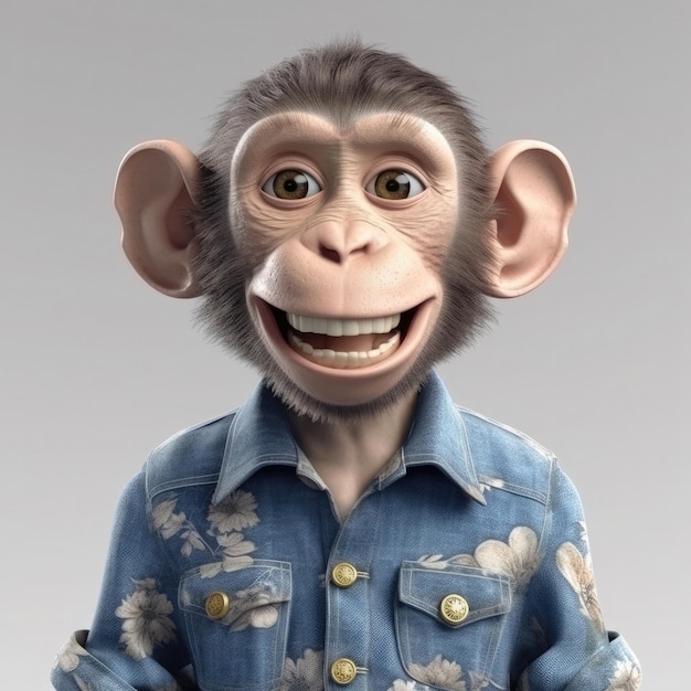 3D cartoon Monkey portrait wearing clothes glasses hat and jacket standing in front