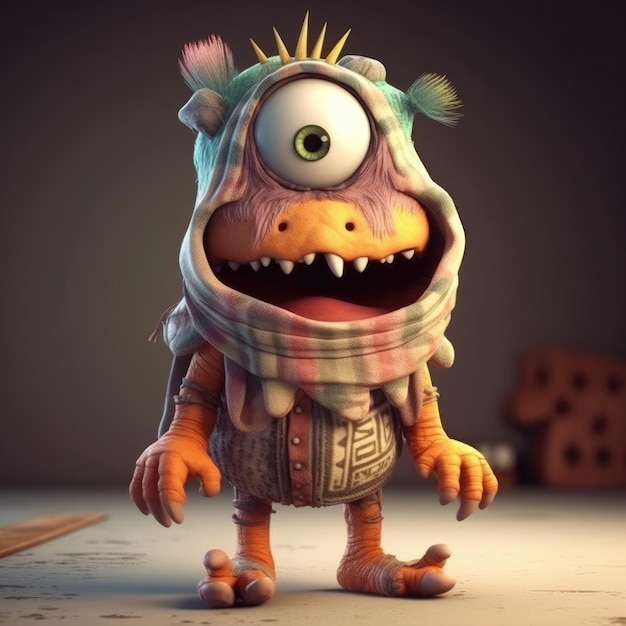 3D cartoon monster portrait wearing clothes glasses hat and jacket standing in front