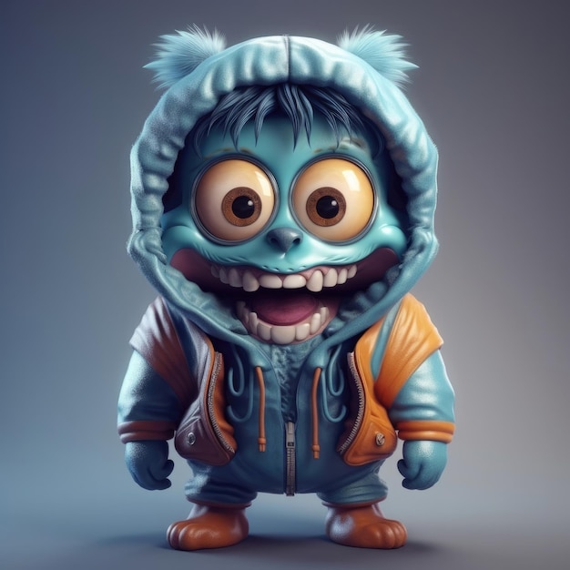 3D cartoon monster portrait wearing clothes glasses hat and jacket standing in front