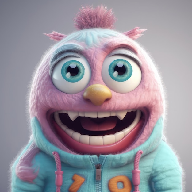 3D cartoon monster portrait wearing clothes glasses hat and jacket standing in front