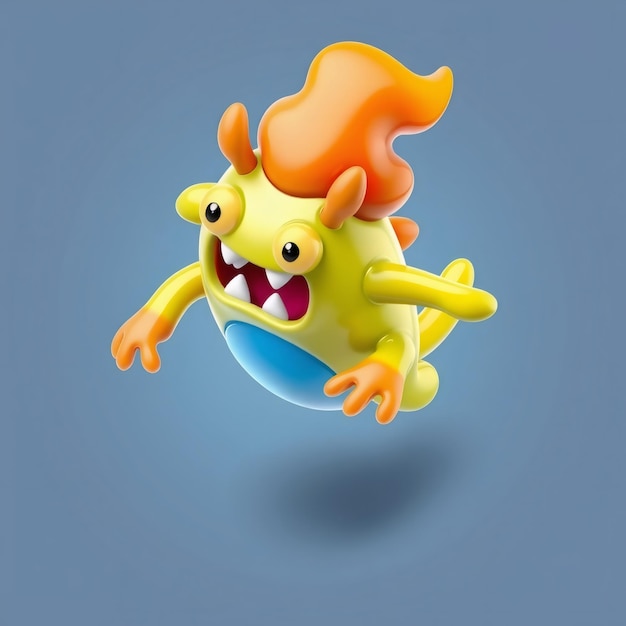 Photo 3d cartoon monster with yellow orange blue and red colors and big eyes open mouth