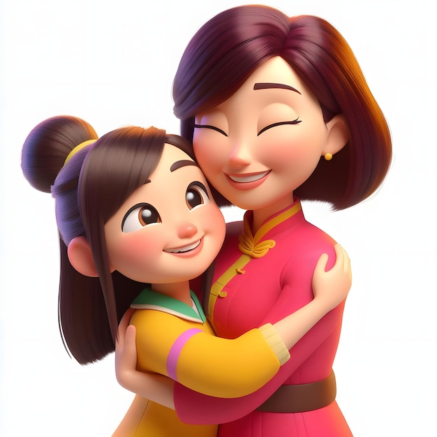 3d cartoon Mother and daughter hugging each others in mothers day