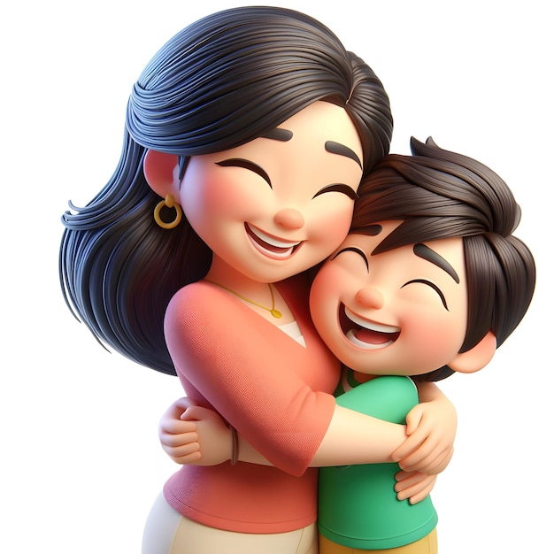 3d cartoon Mother and son hugging each others in mothers day