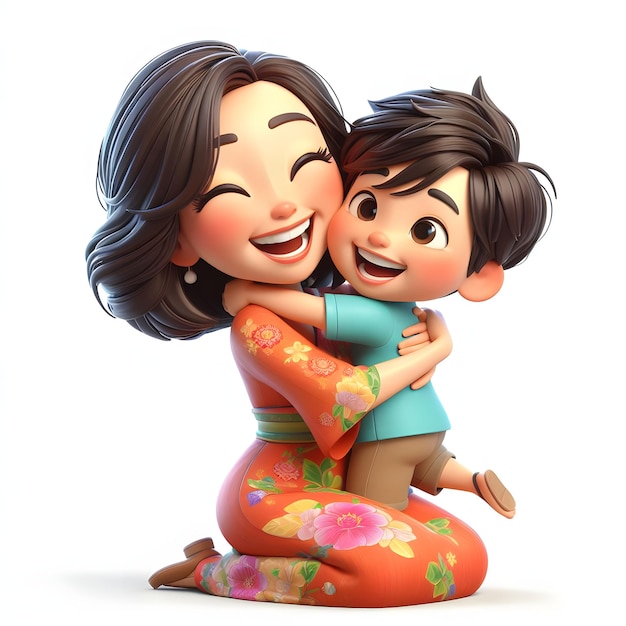 3d cartoon Mother and son hugging each others in mothers day