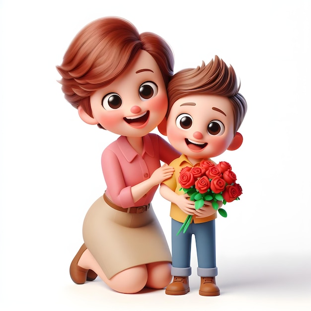 3d cartoon Mother and son hugging each others in mothers day