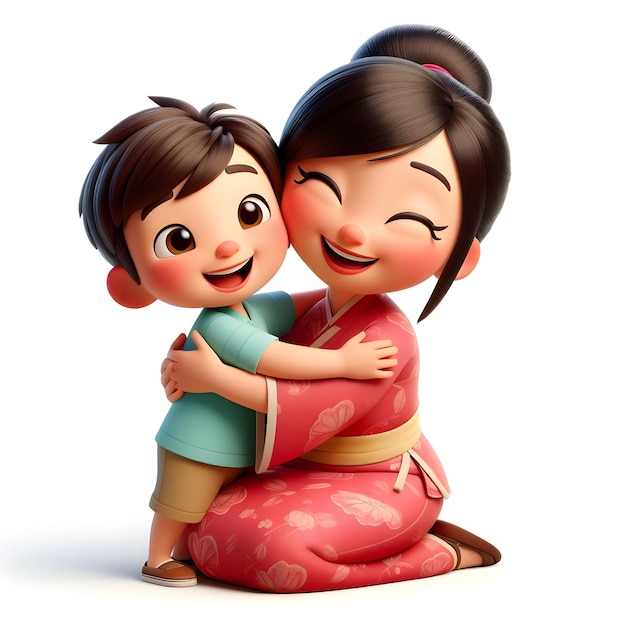 3d cartoon Mother and son hugging each others in mothers day