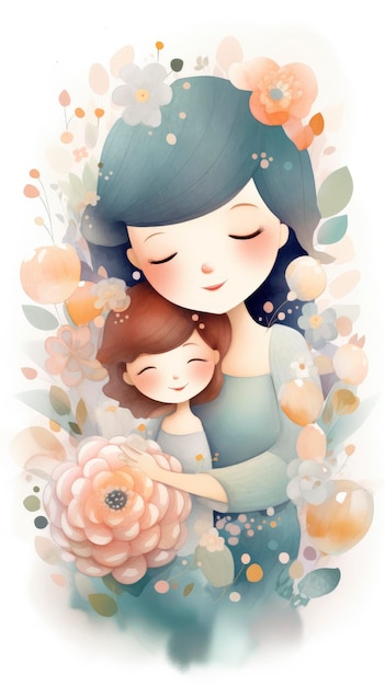 3D Cartoon Mothers Day Cute Mom and Child